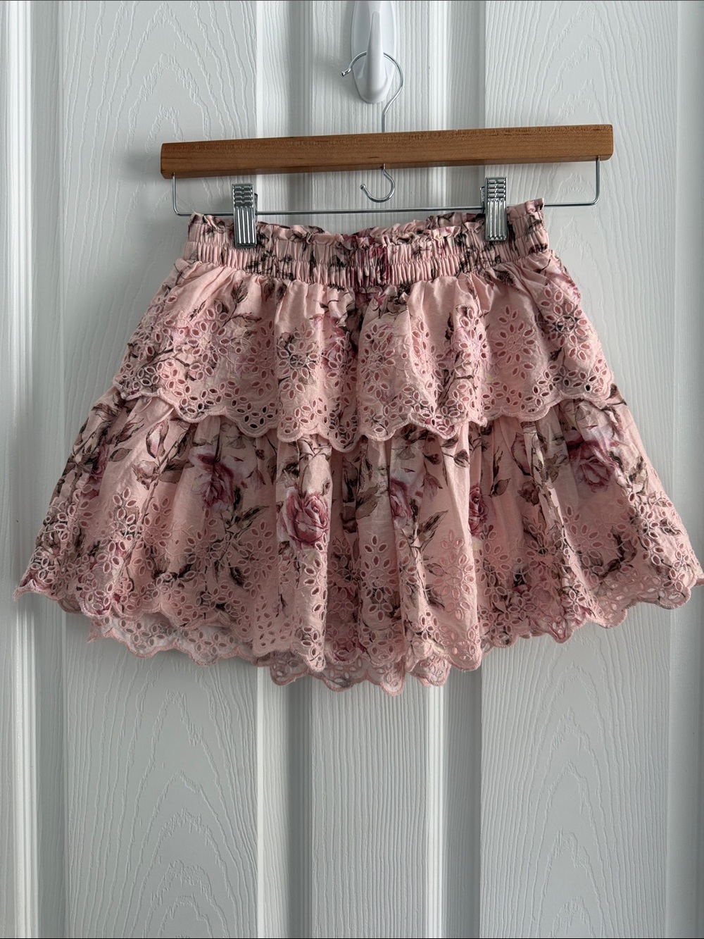 Gap x LoveShackFancy Pink Floral Eyelet Tiered Mini Skirt